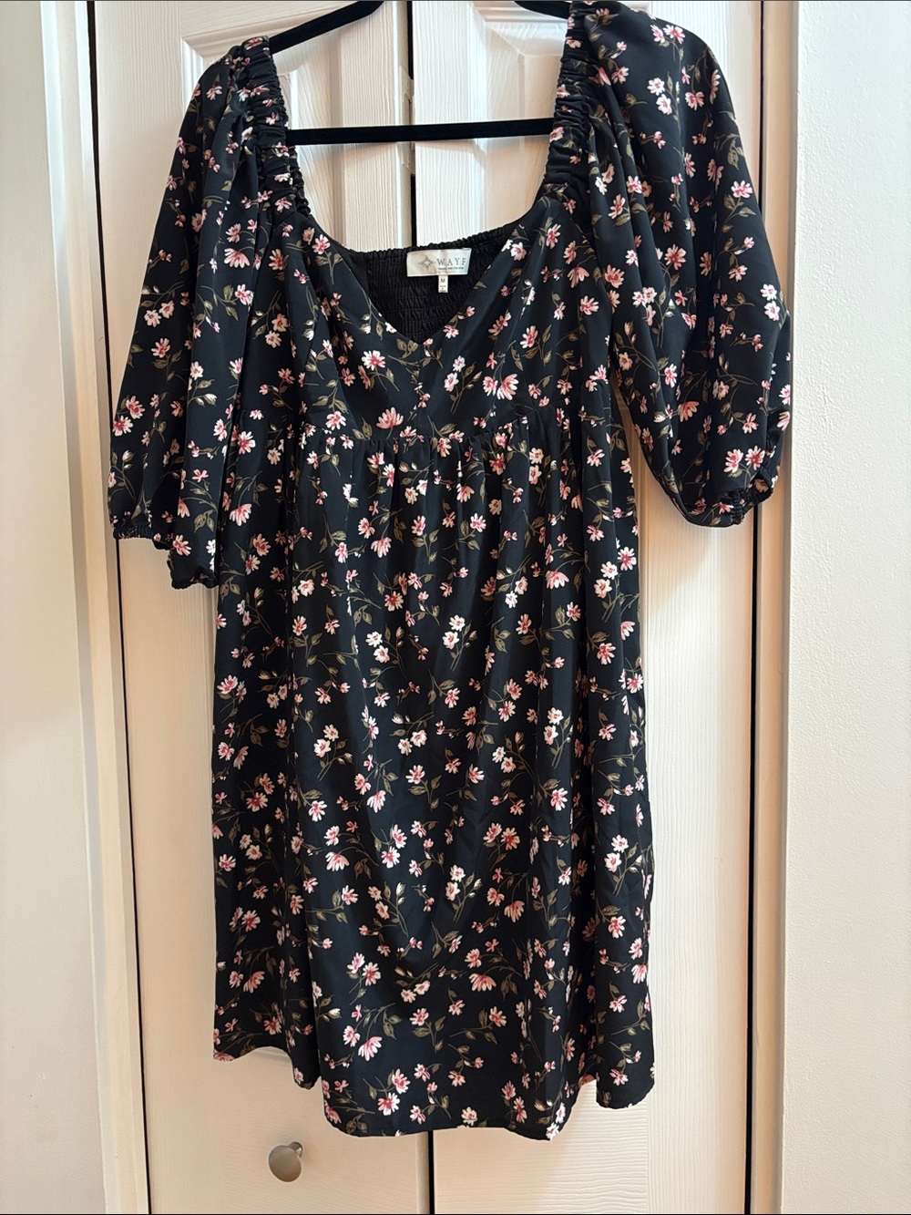 Black Floral Puff Sleeve Dress - Pink & Green Print